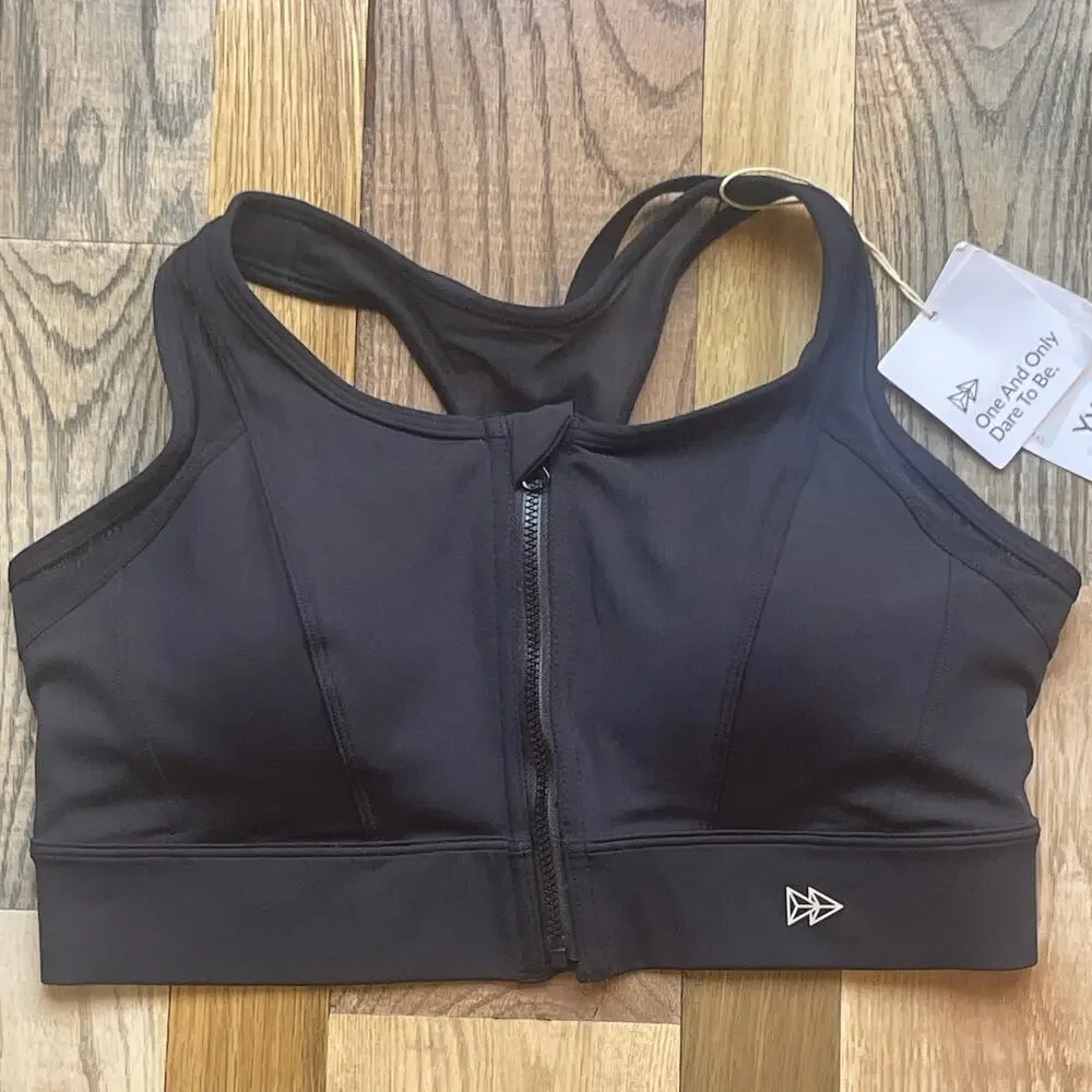 Yvette Front Zip Sports Bra Black High Impact Racerback Size L+